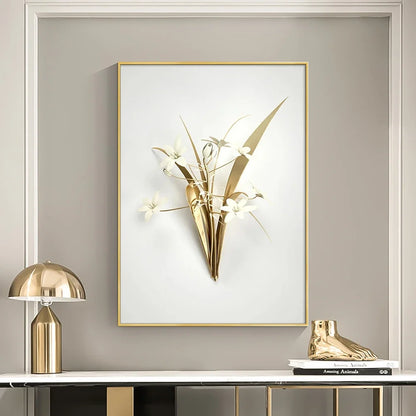 KEWTG| Scandinavian Classic Fashion Wall Art Gold White Botanical Leaves 3D HD Canvas Poster Prints Home Bedroom Living Room Decoration
