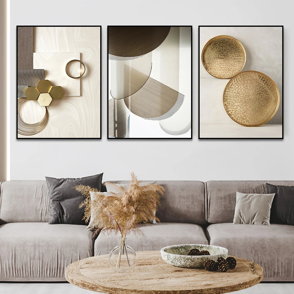 METYC|3PCS Abstract Beige&Gold Geometric Canvas Painting