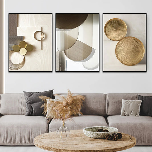 METYC|3PCS Abstract Beige&Gold Geometric Canvas Painting