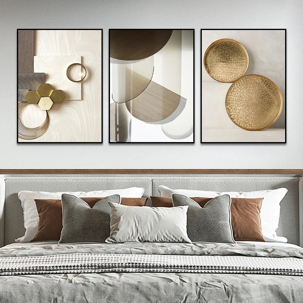 METYC|3PCS Abstract Beige&Gold Geometric Canvas Painting