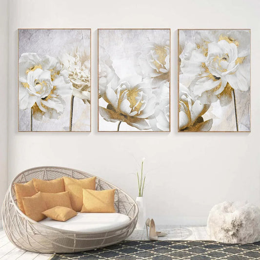 KEWTG| White&Gold Blooming Floral Wall Painting