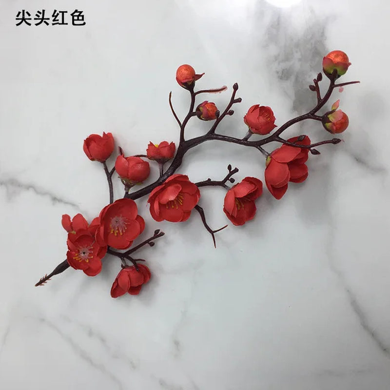 Cherry Red Plum Blossom Silk Artificial Flowers Plastic Branch for Wedding Home Decor Interior Decoration Foam Berry Fake Flower