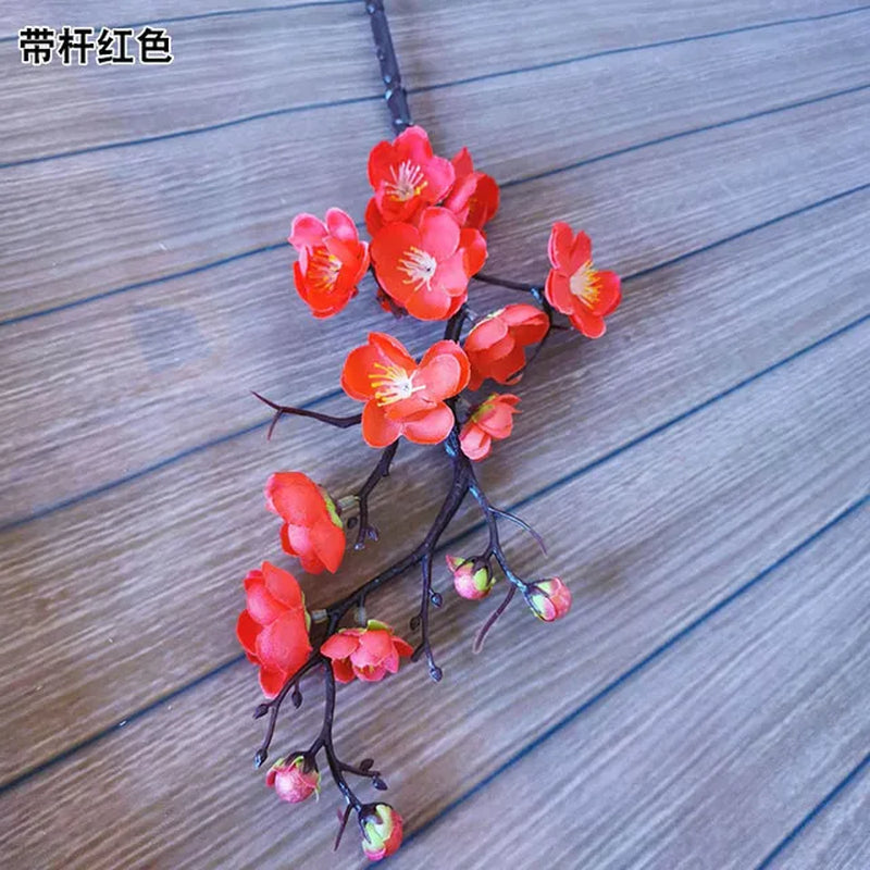 Cherry Red Plum Blossom Silk Artificial Flowers Plastic Branch for Wedding Home Decor Interior Decoration Foam Berry Fake Flower