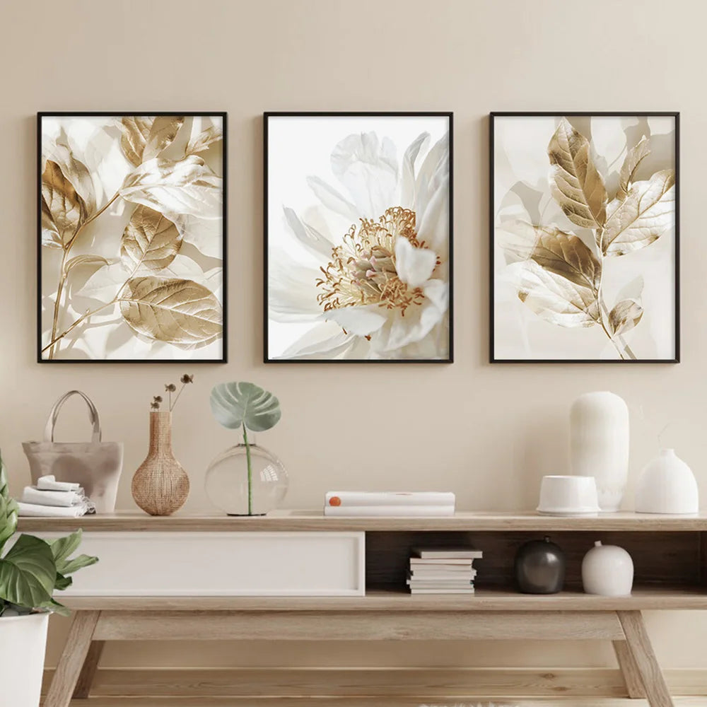 KEWTG| 3PCS Frameless Golden Flowers Painting