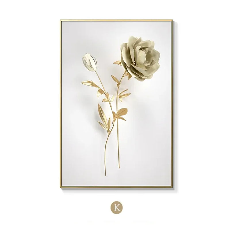 KEWTG| Scandinavian Classic Fashion Wall Art Gold White Botanical Leaves 3D HD Canvas Poster Prints Home Bedroom Living Room Decoration