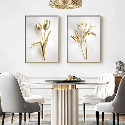 KEWTG| Scandinavian Classic Fashion Wall Art Gold White Botanical Leaves 3D HD Canvas Poster Prints Home Bedroom Living Room Decoration