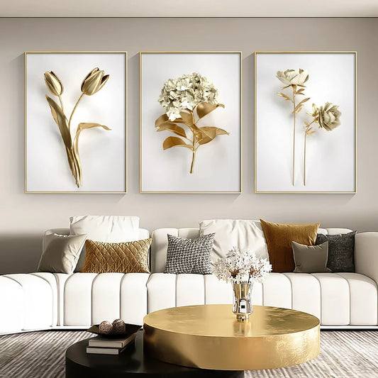KEWTG| Scandinavian Classic Fashion Wall Art Gold White Botanical Leaves 3D HD Canvas Poster Prints Home Bedroom Living Room Decoration