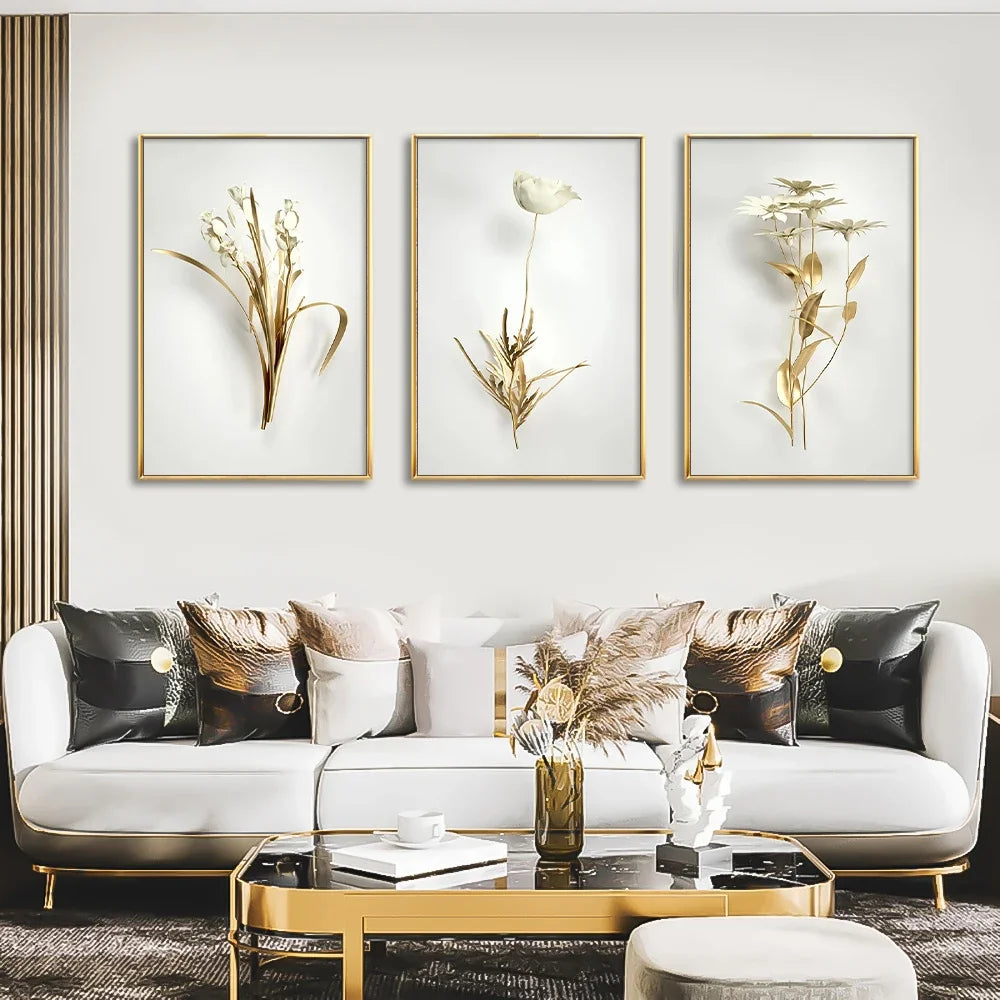 KEWTG| Scandinavian Classic Fashion Wall Art Gold White Botanical Leaves 3D HD Canvas Poster Prints Home Bedroom Living Room Decoration