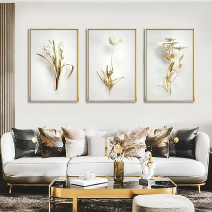 KEWTG| Scandinavian Classic Fashion Wall Art Gold White Botanical Leaves 3D HD Canvas Poster Prints Home Bedroom Living Room Decoration
