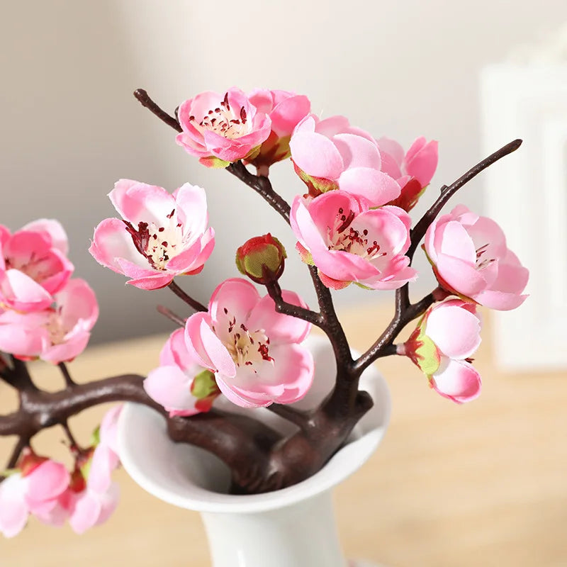 Cherry Red Plum Blossom Silk Artificial Flowers Plastic Branch for Wedding Home Decor Interior Decoration Foam Berry Fake Flower