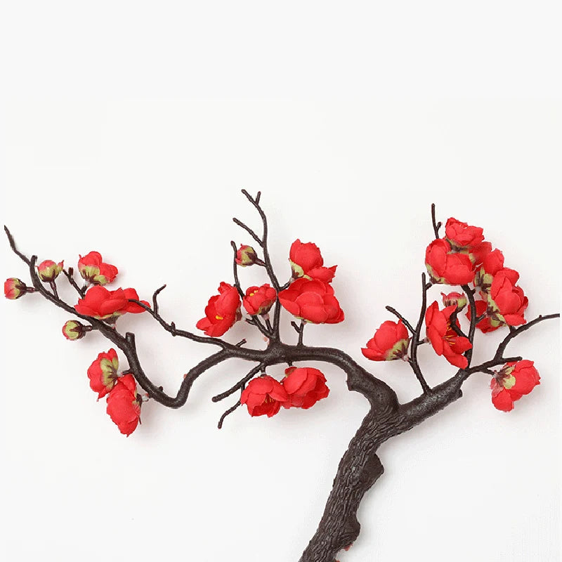 Cherry Red Plum Blossom Silk Artificial Flowers Plastic Branch for Wedding Home Decor Interior Decoration Foam Berry Fake Flower
