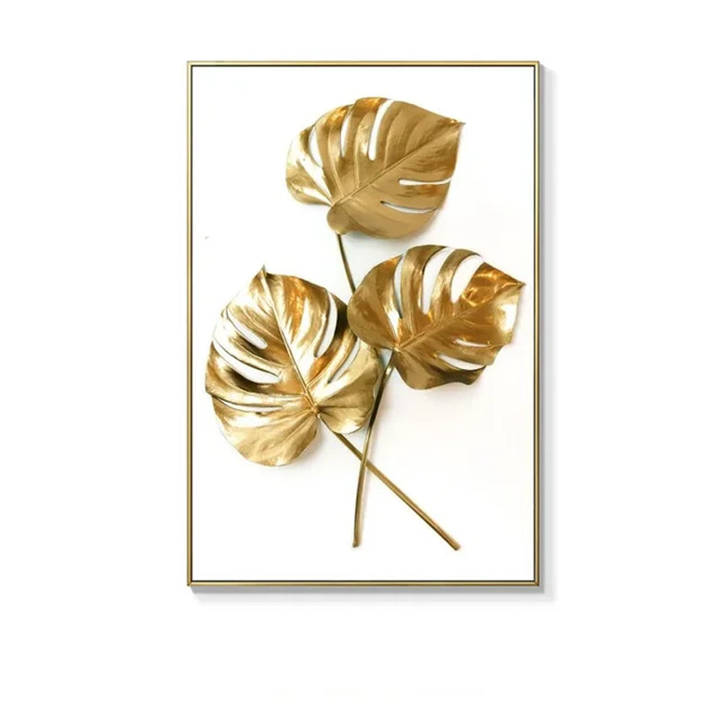 KEWTG| Scandinavian Classic Fashion Wall Art Gold White Botanical Leaves 3D HD Canvas Poster Prints Home Bedroom Living Room Decoration
