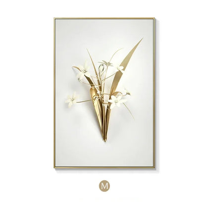 KEWTG| Scandinavian Classic Fashion Wall Art Gold White Botanical Leaves 3D HD Canvas Poster Prints Home Bedroom Living Room Decoration