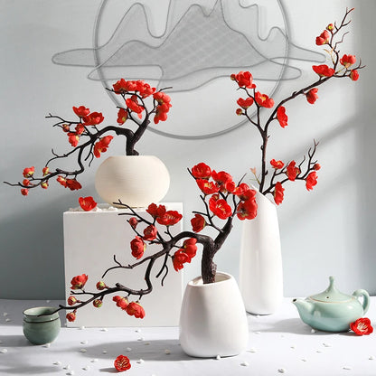 Cherry Red Plum Blossom Silk Artificial Flowers Plastic Branch for Wedding Home Decor Interior Decoration Foam Berry Fake Flower