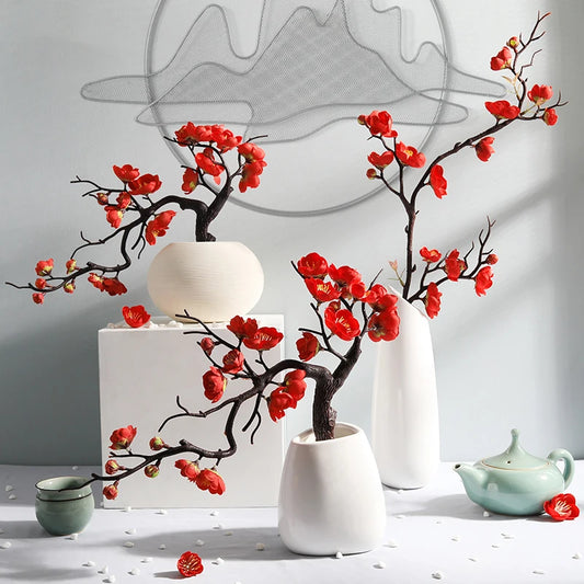 Cherry Red Plum Blossom Silk Artificial Flowers Plastic Branch for Wedding Home Decor Interior Decoration Foam Berry Fake Flower