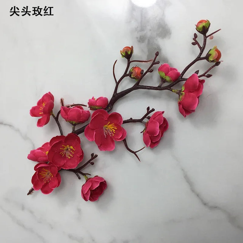 Cherry Red Plum Blossom Silk Artificial Flowers Plastic Branch for Wedding Home Decor Interior Decoration Foam Berry Fake Flower