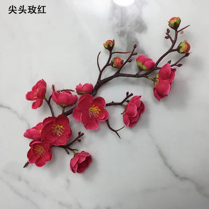 Cherry Red Plum Blossom Silk Artificial Flowers Plastic Branch for Wedding Home Decor Interior Decoration Foam Berry Fake Flower
