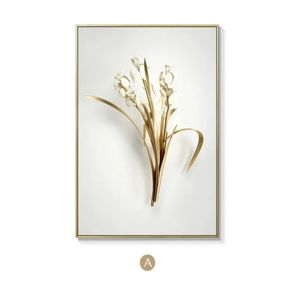KEWTG| Scandinavian Classic Fashion Wall Art Gold White Botanical Leaves 3D HD Canvas Poster Prints Home Bedroom Living Room Decoration