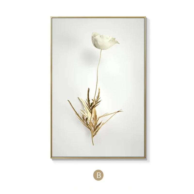 KEWTG| Scandinavian Classic Fashion Wall Art Gold White Botanical Leaves 3D HD Canvas Poster Prints Home Bedroom Living Room Decoration
