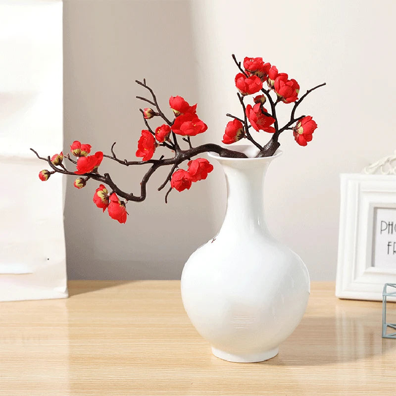Cherry Red Plum Blossom Silk Artificial Flowers Plastic Branch for Wedding Home Decor Interior Decoration Foam Berry Fake Flower
