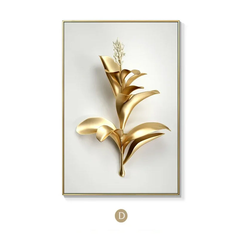 KEWTG| Scandinavian Classic Fashion Wall Art Gold White Botanical Leaves 3D HD Canvas Poster Prints Home Bedroom Living Room Decoration