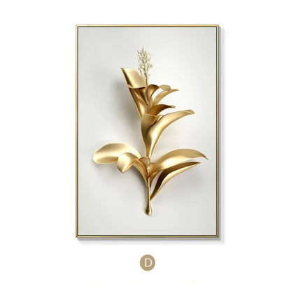 KEWTG| Scandinavian Classic Fashion Wall Art Gold White Botanical Leaves 3D HD Canvas Poster Prints Home Bedroom Living Room Decoration