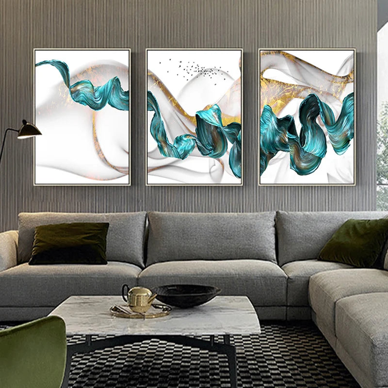 KMALY Nordic Abstract Color Spalsh Golden Blue Canvas Painting