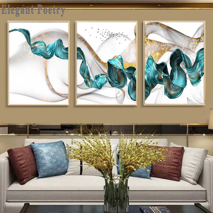 KMALY Nordic Abstract Color Spalsh Golden Blue Canvas Painting