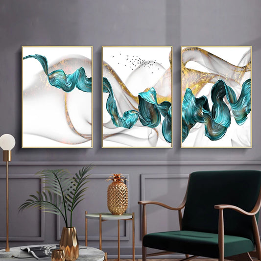 KMALY Nordic Abstract Color Spalsh Golden Blue Canvas Painting