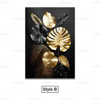 GOLDENN|Golden Black Plant Leaves Canvas Painting 