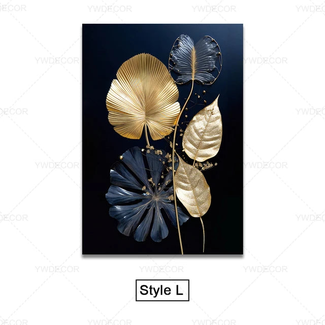 GOLDENN|Golden Black Plant Leaves Canvas Painting 