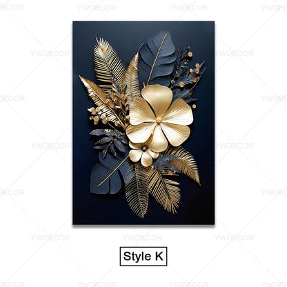 GOLDENN|Golden Black Plant Leaves Canvas Painting 