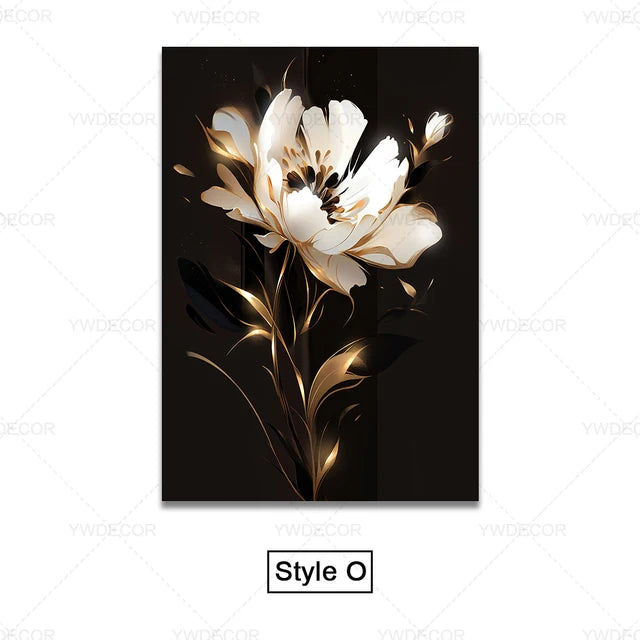 GOLDENN|Golden Black Plant Leaves Canvas Painting 