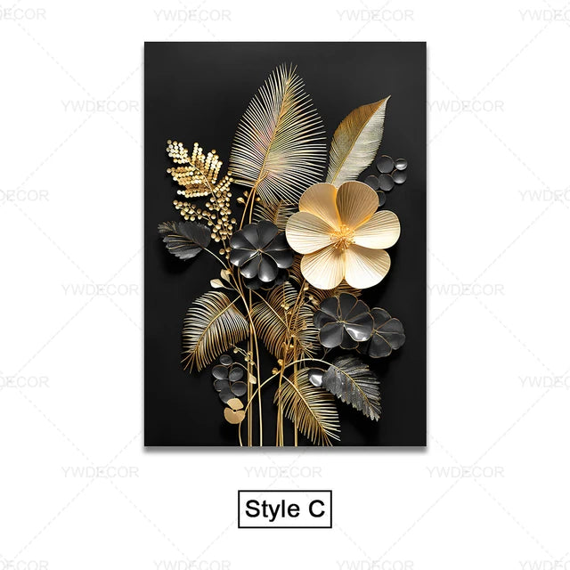 GOLDENN|Golden Black Plant Leaves Canvas Painting 