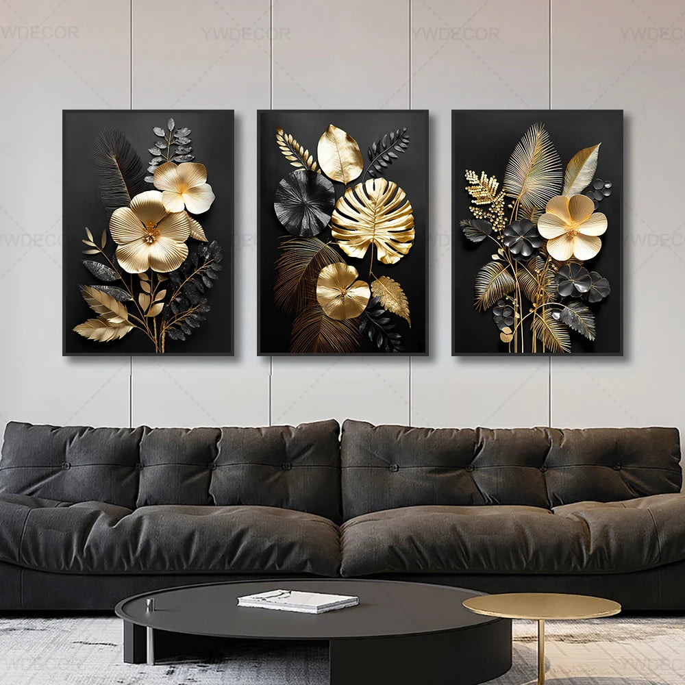 GOLDENN|Golden Black Plant Leaves Canvas Painting 