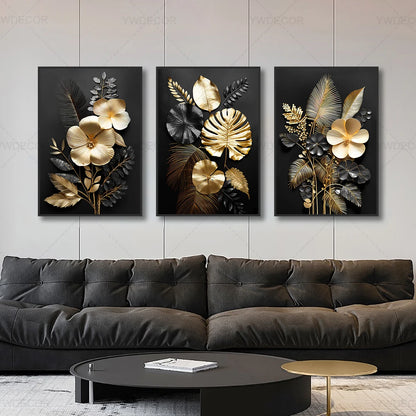 GOLDENN|Golden Black Plant Leaves Canvas Painting 