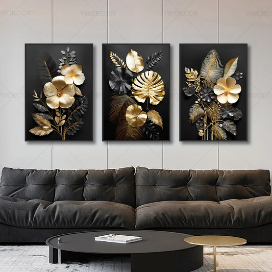 GOLDENN|Golden Black Plant Leaves Canvas Painting 
