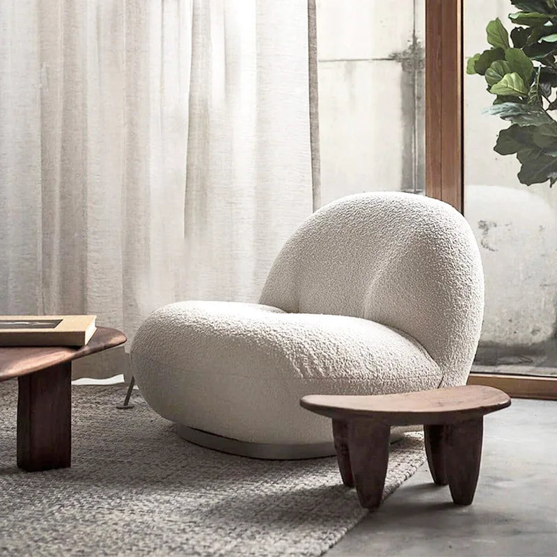KADEIRA|  Rotating Base Lamb Wool Wood Lounge Chair