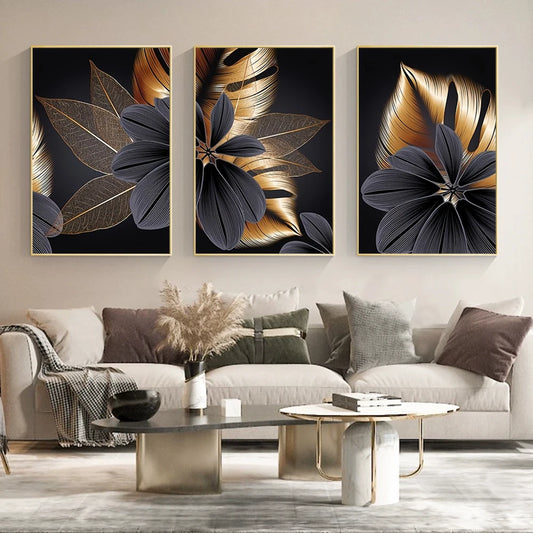 MALCOOM| 3pcs Golden Black Leaf Canvas Painting