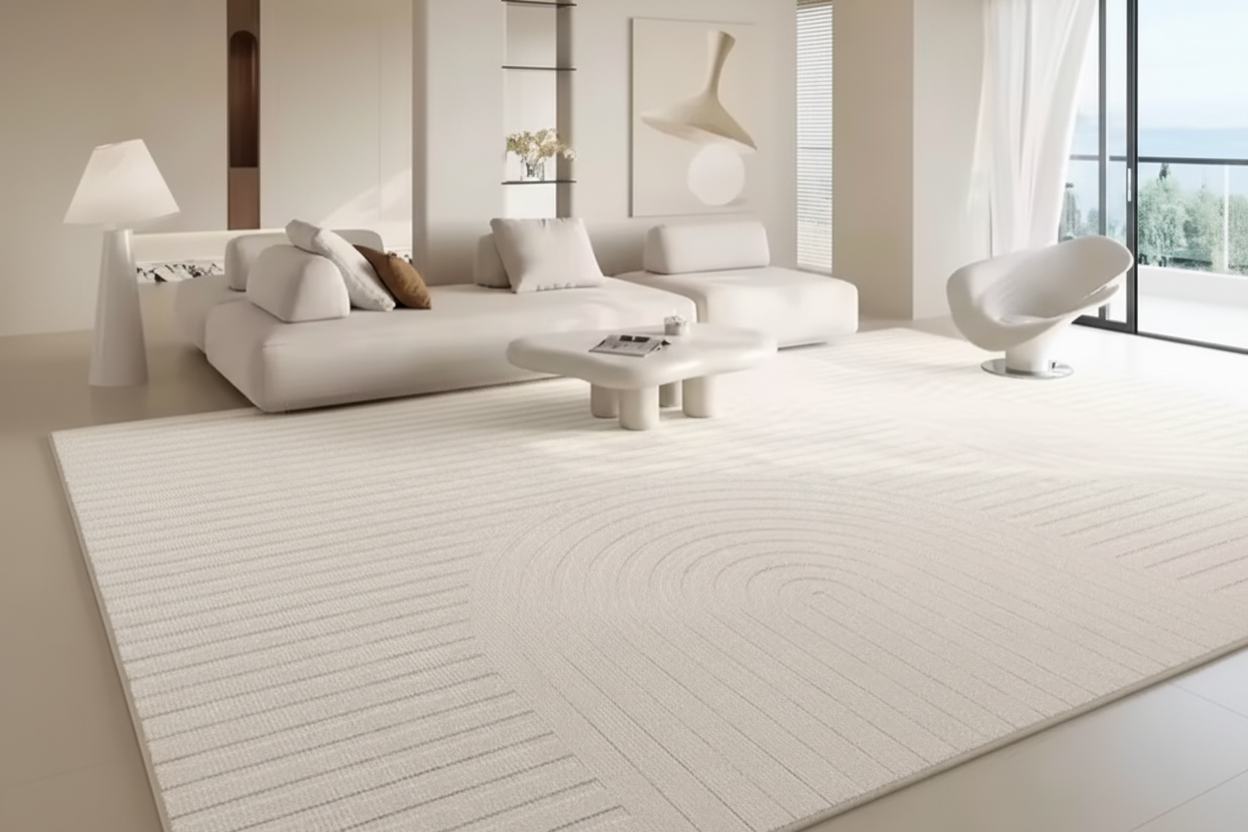 Modern living room with a white rug