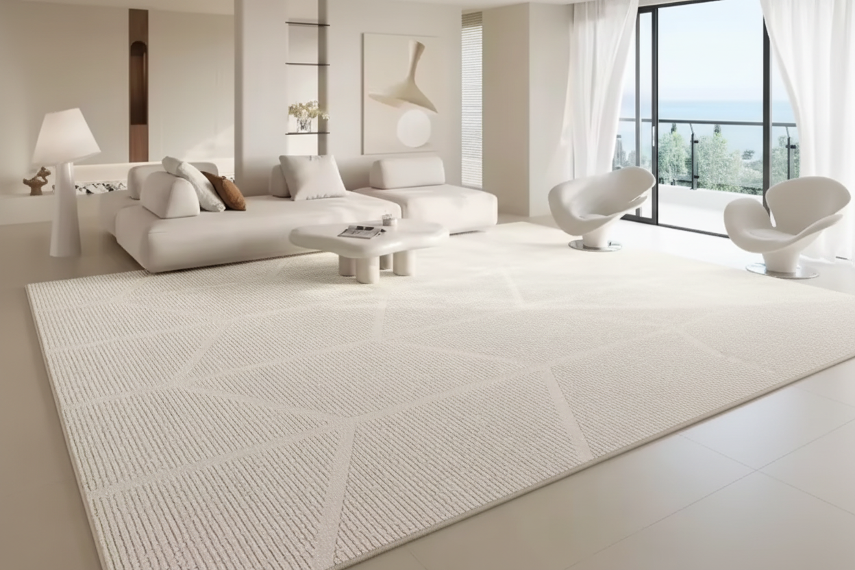 Modern living room with a large white rug