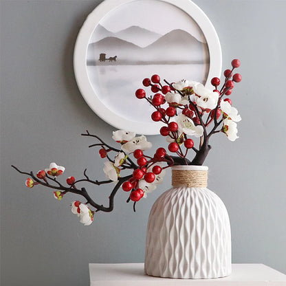 Cherry Red Plum Blossom Silk Artificial Flowers Plastic Branch for Wedding Home Decor Interior Decoration Foam Berry Fake Flower
