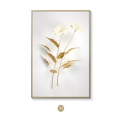 KEWTG| Scandinavian Classic Fashion Wall Art Gold White Botanical Leaves 3D HD Canvas Poster Prints Home Bedroom Living Room Decoration