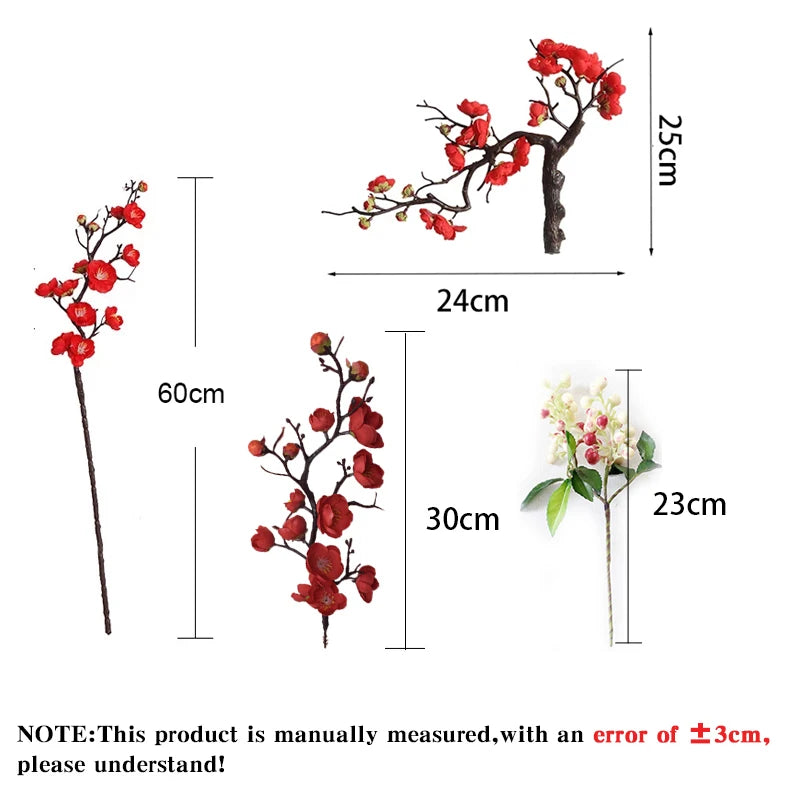 Cherry Red Plum Blossom Silk Artificial Flowers Plastic Branch for Wedding Home Decor Interior Decoration Foam Berry Fake Flower