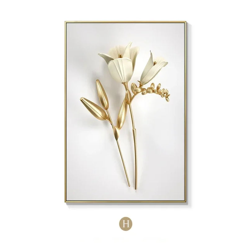 KEWTG| Scandinavian Classic Fashion Wall Art Gold White Botanical Leaves 3D HD Canvas Poster Prints Home Bedroom Living Room Decoration
