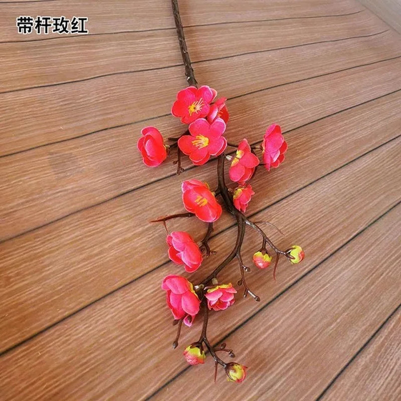 Cherry Red Plum Blossom Silk Artificial Flowers Plastic Branch for Wedding Home Decor Interior Decoration Foam Berry Fake Flower