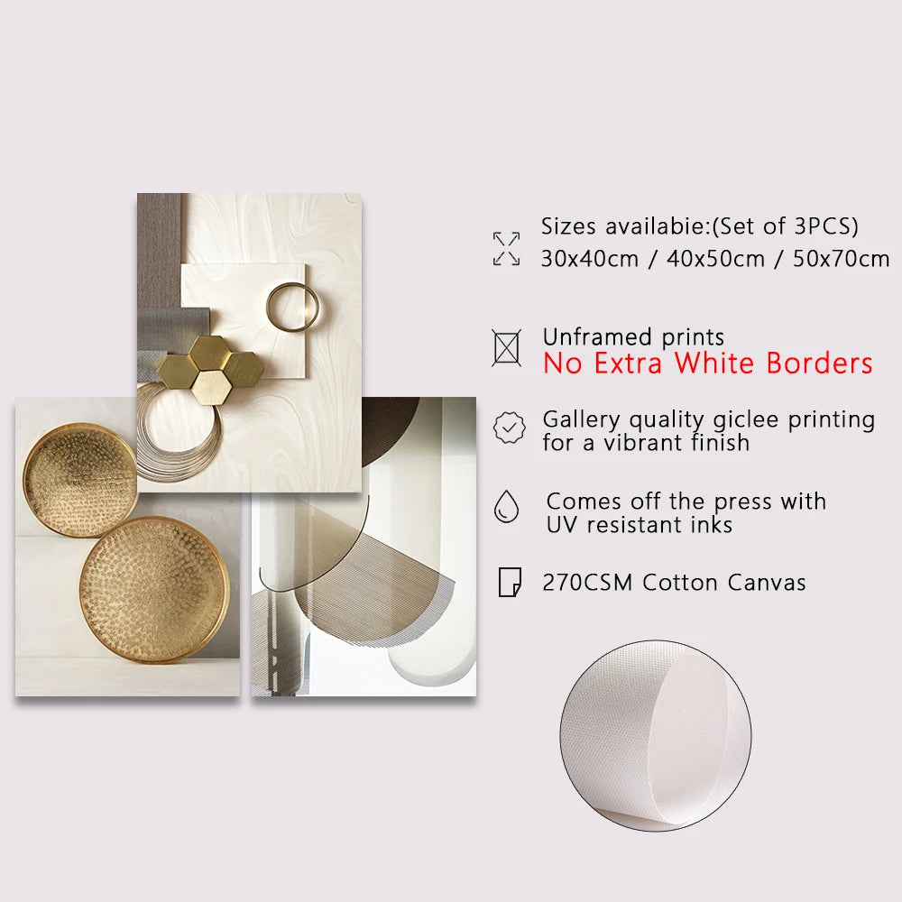 METYC|3PCS Abstract Beige&Gold Geometric Canvas Painting