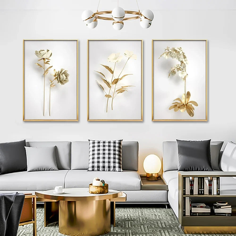 KEWTG| Scandinavian Classic Fashion Wall Art Gold White Botanical Leaves 3D HD Canvas Poster Prints Home Bedroom Living Room Decoration