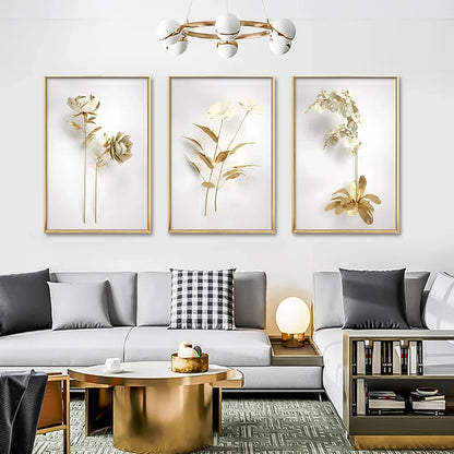 KEWTG| Scandinavian Classic Fashion Wall Art Gold White Botanical Leaves 3D HD Canvas Poster Prints Home Bedroom Living Room Decoration
